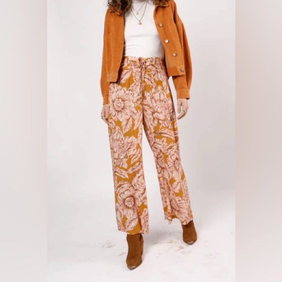 Band Of The Free Pants - NWT Band Of The Free ARIZONA GOLD FLORAL WIDE LEG PANTS Bohemian Elastic Waist